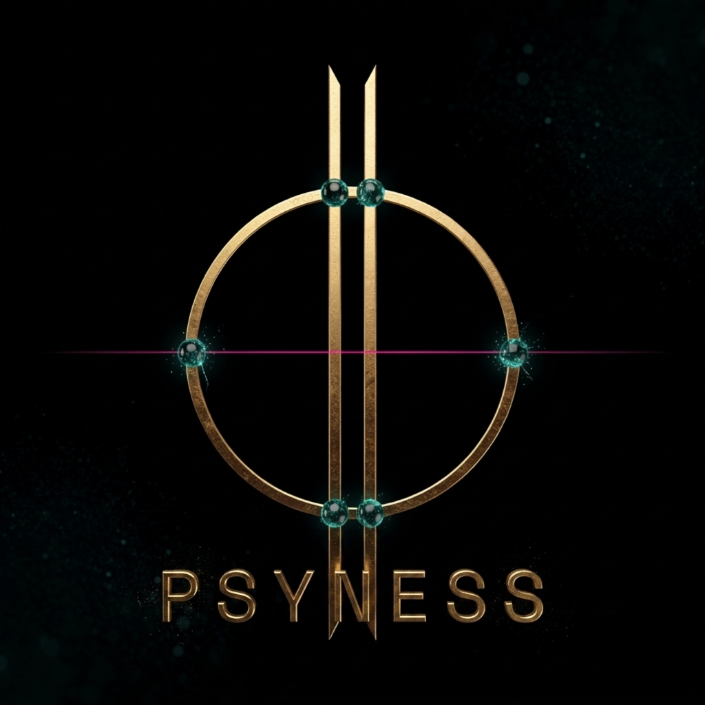 The Neural Split Glyph for the Psyness Protocol: A central, textured gold circle intersected vertically by two parallel, sharp, chiseled gold bars with blade-like tips. Six glowing teal, liquid-mercury spheres anchor the intersections of the circles and lines over a deep matte-black background with a subtle horizontal pink signal line.