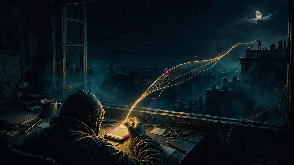Person at a desk at night with a glowing phone, a gold thread rising from the screen out the window to a distant figure on a rooftop