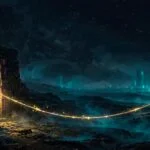 Small child walking into a dark night landscape, joined by a glowing gold thread to a parent holding a lantern in a lit doorway, illustrating attachment theory and the secure base