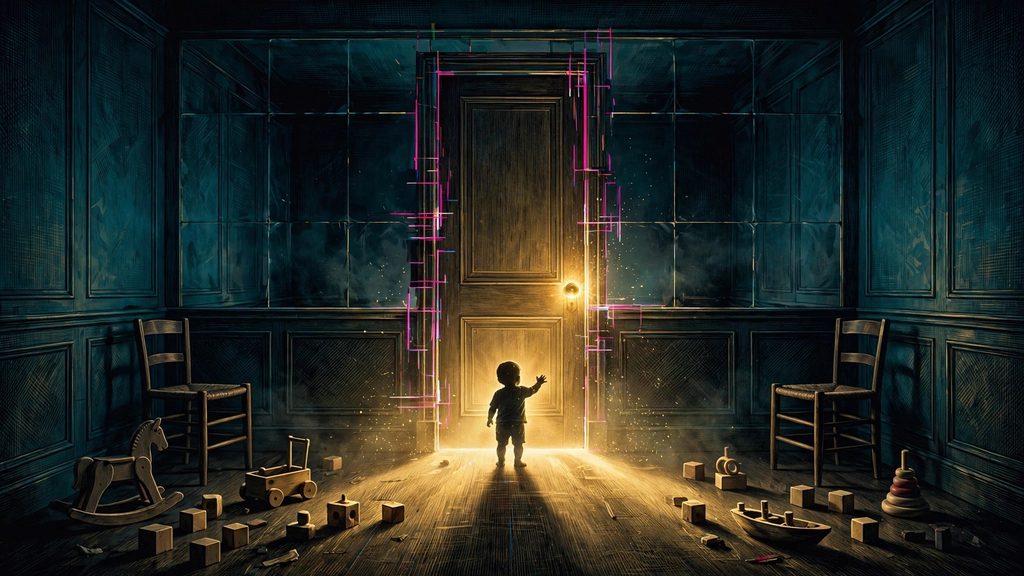 Small child standing in a bare observation room facing a closed door with a glowing gold doorknob and toys scattered on the floor
