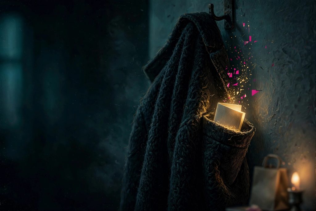 Dark winter coat on a hook with a glowing folded banknote emerging from its pocket and gold particles drifting upward into small glitch fragments