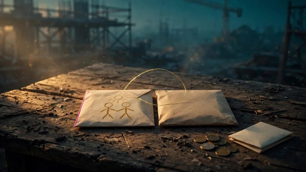 Two sealed paper envelopes on a wooden table at dawn, one with a child's crayon drawing, joined by a glowing gold thread, with a construction site blurred in the background