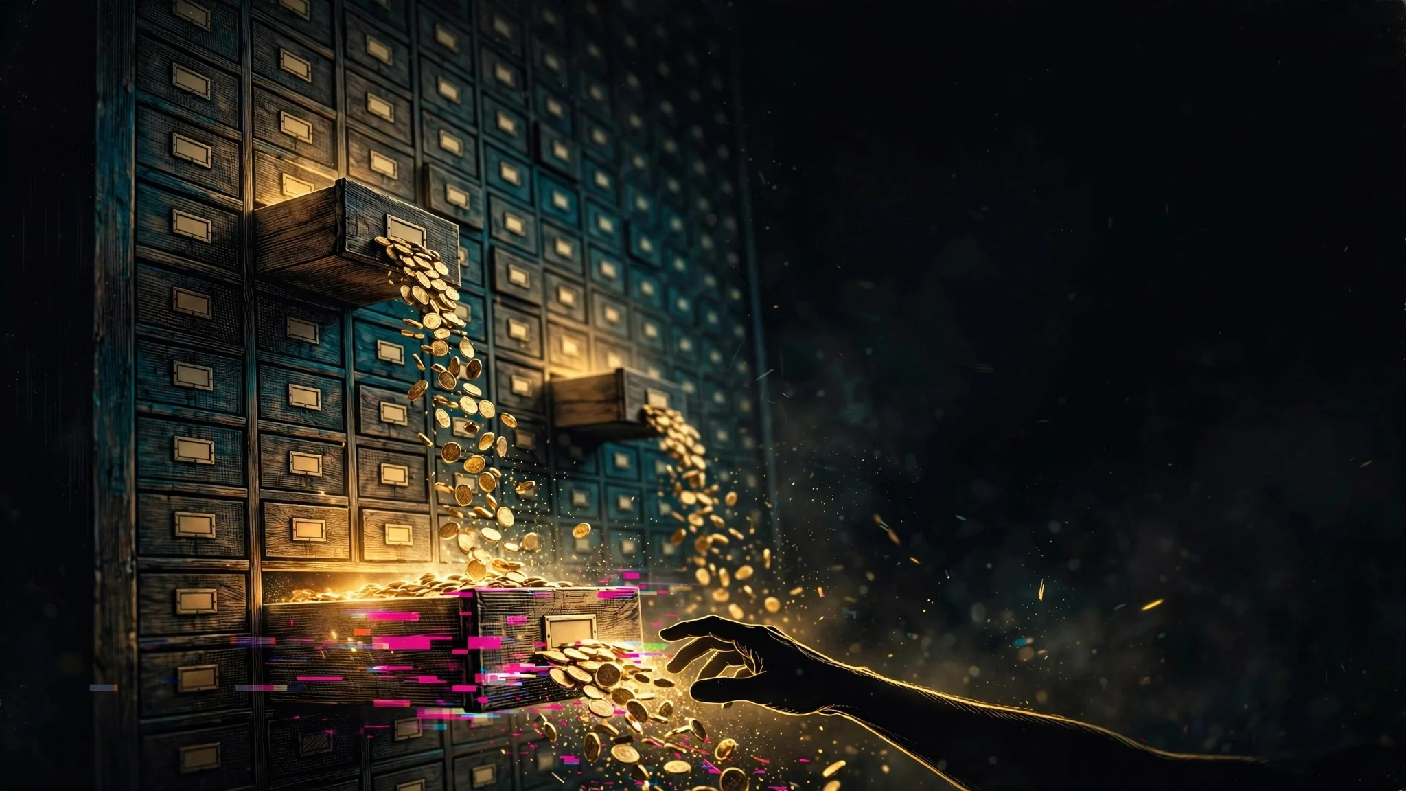 Antique cabinet of many small drawers in the dark, identical gold coins spilling from three open drawers and one glowing drawer dissolving its coins into gold glitch particles, illustrating mental accounting