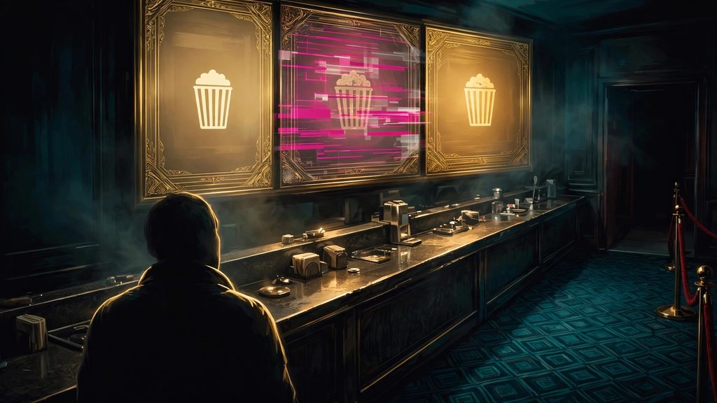 Silhouette of a person at a cinema counter looking up at a glowing menu board with three popcorn sizes, the middle panel flickering with glitch lines