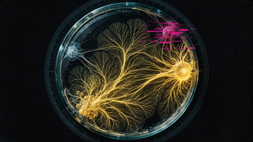 Top-down view of a petri dish with a glowing golden slime mould network flowing toward one food patch, with a dimmer glitching decoy patch beside it
