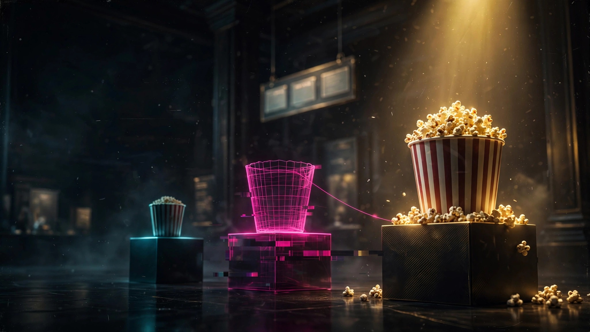 Three popcorn buckets on glowing pedestals in a dark hall, the large one lit in gold and the middle one rendered as a hollow glitching wireframe, illustrating the decoy effect
