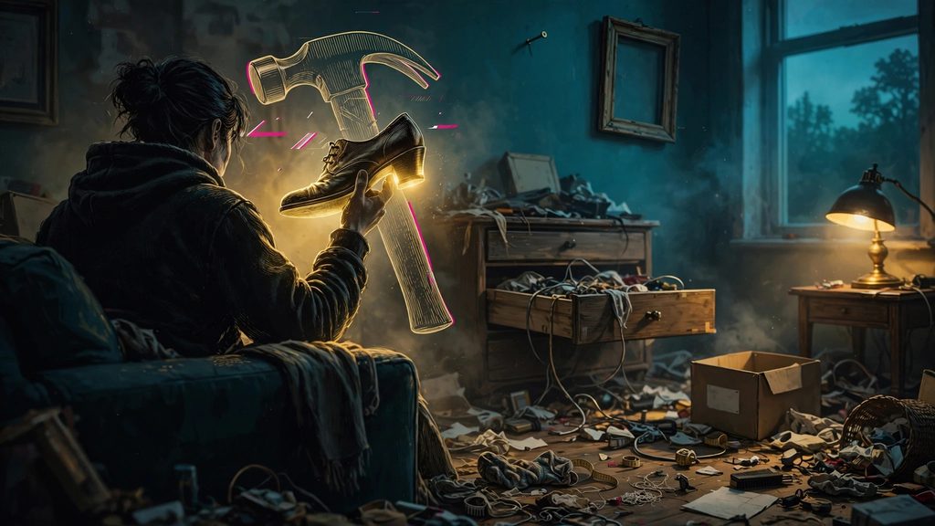 Person on a sofa holding up a shoe whose heel glows gold with a faint hammer outline, a nail and empty frame on the wall above