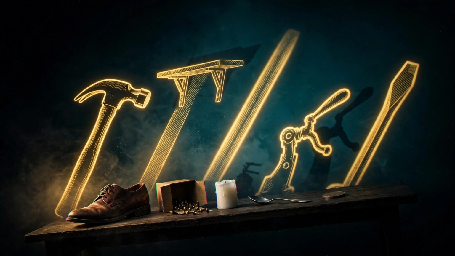 Everyday objects on a dark table casting glowing shadows of tools, a shoe casting a hammer and a box casting a shelf, illustrating functional fixedness