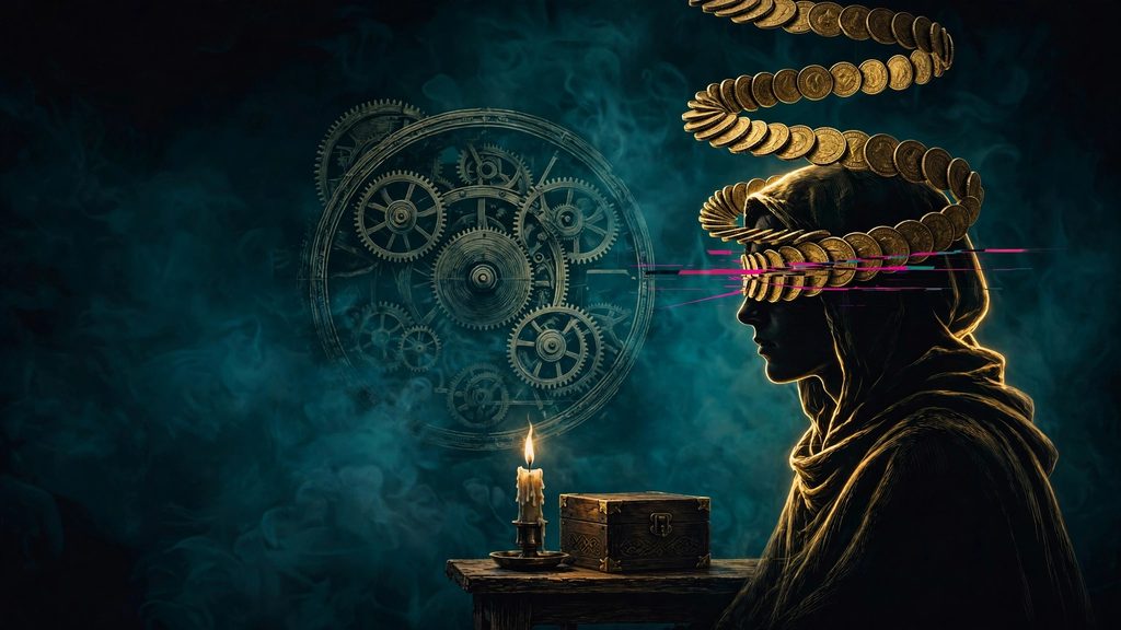 Silhouette of a person whose eyes are covered by a band of gold coins spiralling around their head, facing a candle and a box, with a dissolving clock behind