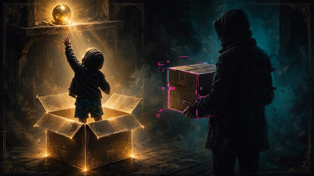 A young child standing on an upturned cardboard box to reach a glowing shelf while an adult beside them holds the same kind of box carefully as a container